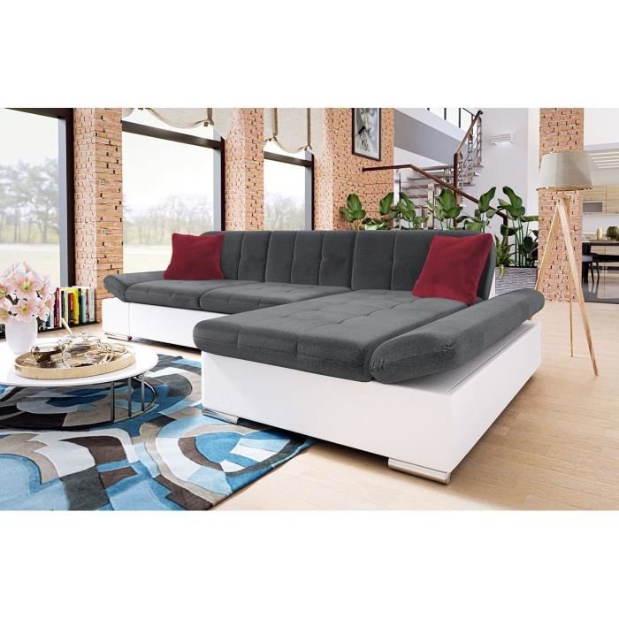 Canapé d'angle convertible capitonné en tissu et simili gris et blanc LOLA