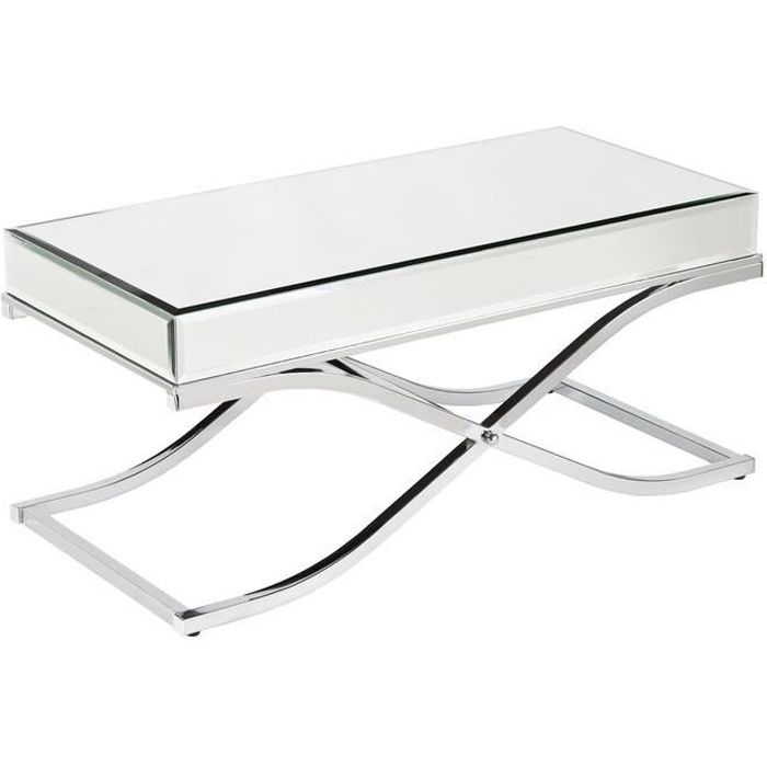 Table basse design plateau et contour en miroir avec un piètement croisée en acier inoxydable poli L. 100 x P. 60 x H. 50 cm