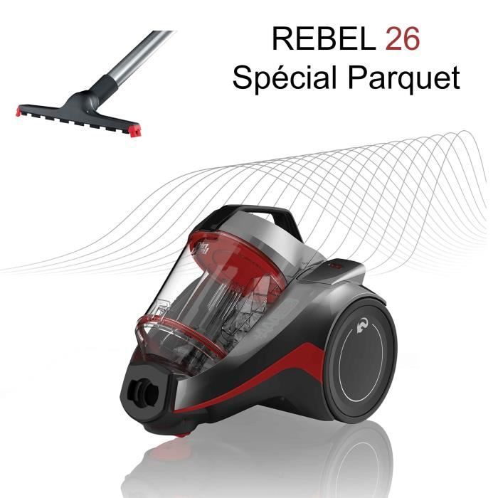DIRT DEVIL Aspirateur sans sac cyclonique 3A+AA DD2226-3 spécial parquet - Rebel 26 - 75 dB - 550 W - Gris métal et rouge