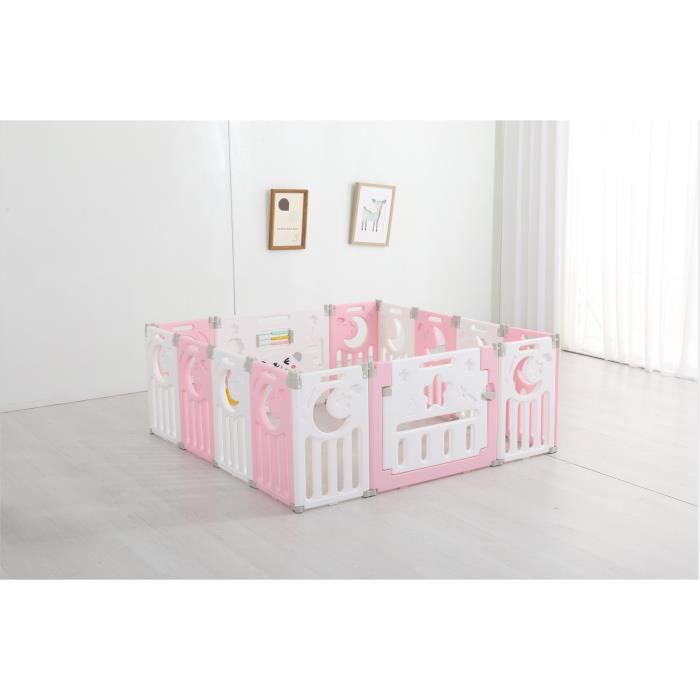 Parc Bébé Plastique Assemblable 14 Panneaux, Barrière de Sécurité Pliable pour Enfants--Rose et Blanc, 10 Mois à 6 Ans