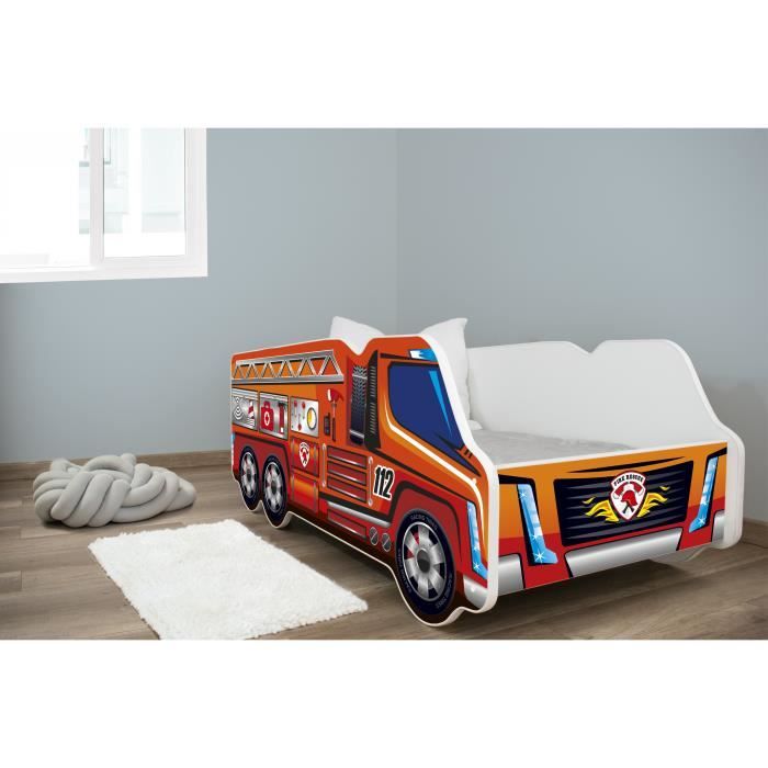 TRUCK - Lit d'enfant motif camion pompier - 140x70cm - Lit + matelas + sommier - Chambre d'enfant
