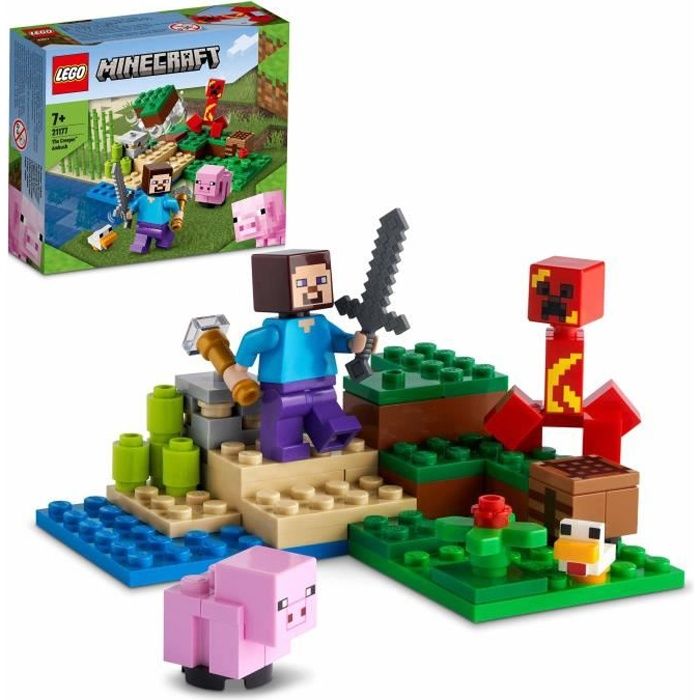 LEGO® 21177 Minecraft L’embuscade du Creeper, Set avec Minifigures Steve, Bébé Cochon et Poulet, Jouets pour Enfants +7 ans
