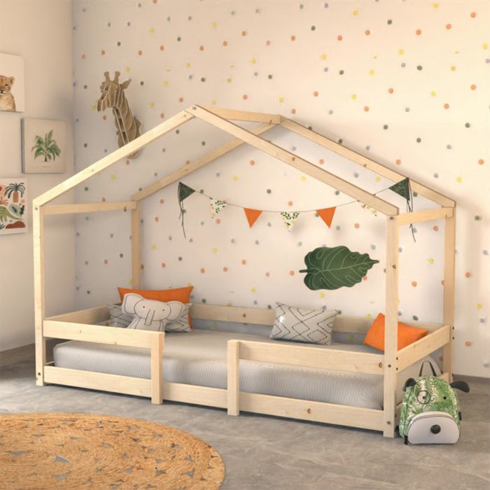 Lit cabane INDIANA 90x190 + sommier/Naturel 199x95x152