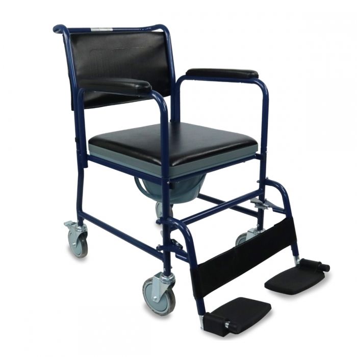 Chaise percée/ toilette avec roulettes et couvercle - Repose-pieds rabattables et accoudoirs amovibles - Bleu - Barco - Mobiclin