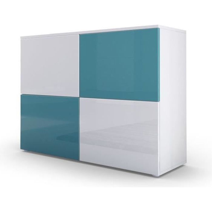 Commode moderne façades bicolores turquoises et blanches laquées et corps mat blanc