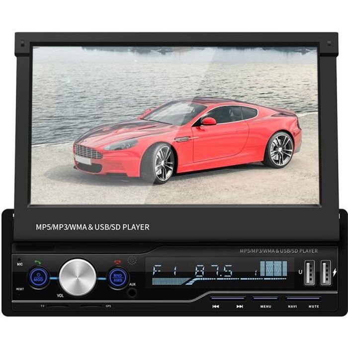 Autoradio Bluetooth, GPS 7'' Écran Auto Rétractable Tactile - Radio FM/SD/USB/MP5 - Multimédia, Tuner Caméra de Recul Télécommande