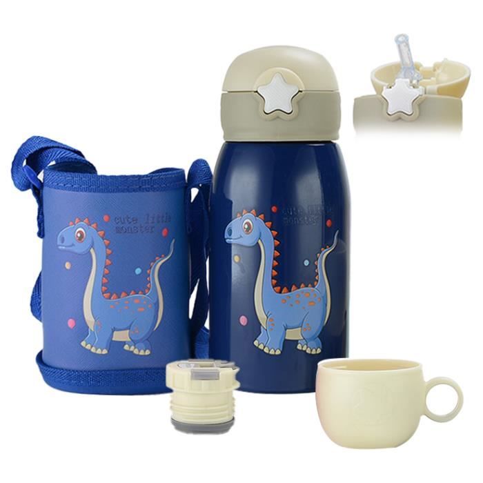 Gourde Isotherme Enfant avec paille et Couvercle Tasse, 500ML Bouteille Isotherme En Acier Inoxydable, Anti-fuite, Dinosaure Bleu