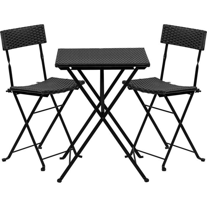 stilista® salon de jardin « bistro » en poly rotin noir, 3 pièces avec 2 chaises pliables et 1 table, salon de jardin pour