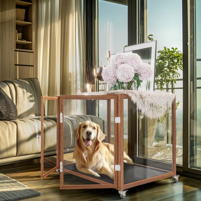 Meilleurs prix pour Meuble Cage Chien Intérieur Transparent Caisse pour Chien en Verre Trempé sur Roulette - XL