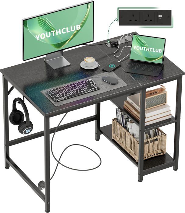 Korfile Bureau D'Ordinateur 119,4 Cm Avec Prises USB Et Lumières LED RGB – 5 Tiroirs De Rangement En Tissu, Réversible Pour Gaming, Travail Ou Étude (Noir)
