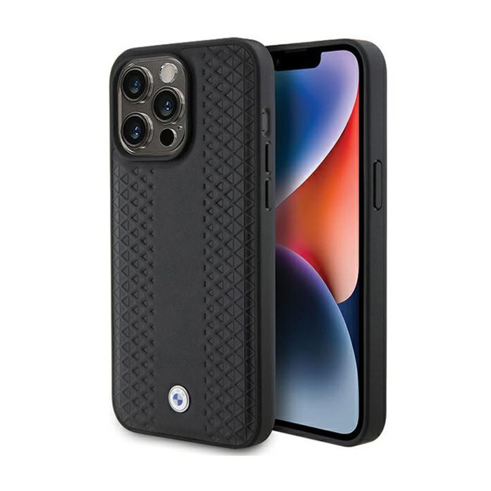 Étui pour smartphone - BMW - iPhone 15 Pro - Cuir - Noir - Motif Diamant