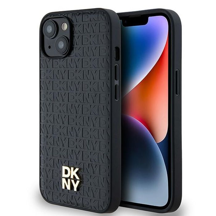 IPhone 15 Case - DKNY Leather Monogram Pattern Metal Logo MagSafe (DKHMP14SPSHRPSK) - Noir
