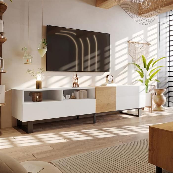 Meuble TV Banc TV Moderne À Grain De Bois Et Blanc 2 Portes 2 Tiroir Design Minimaliste 180 X 38 X 50 cm Meuble TV Banc TV Moderne À Grain De Bois Et Blanc 2 Portes 2 Tiroir Design Minimaliste 180 X 38 X 50 cm