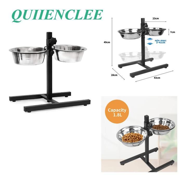 QUIIENCLEE-Gamelle pour chien en acier inoxydable noir réglable en hauteur dune capacité de 1800 ml