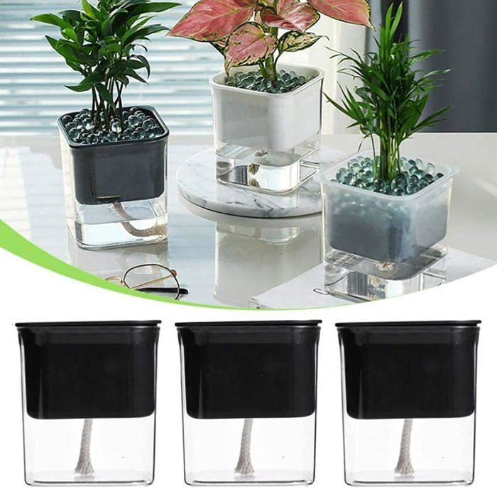 Lot De 4 Pots De Fleurs Auto-arrosants 18 Cm - Aspect Cristal Glacé - Plastique Recyclé, Avec Mèche
