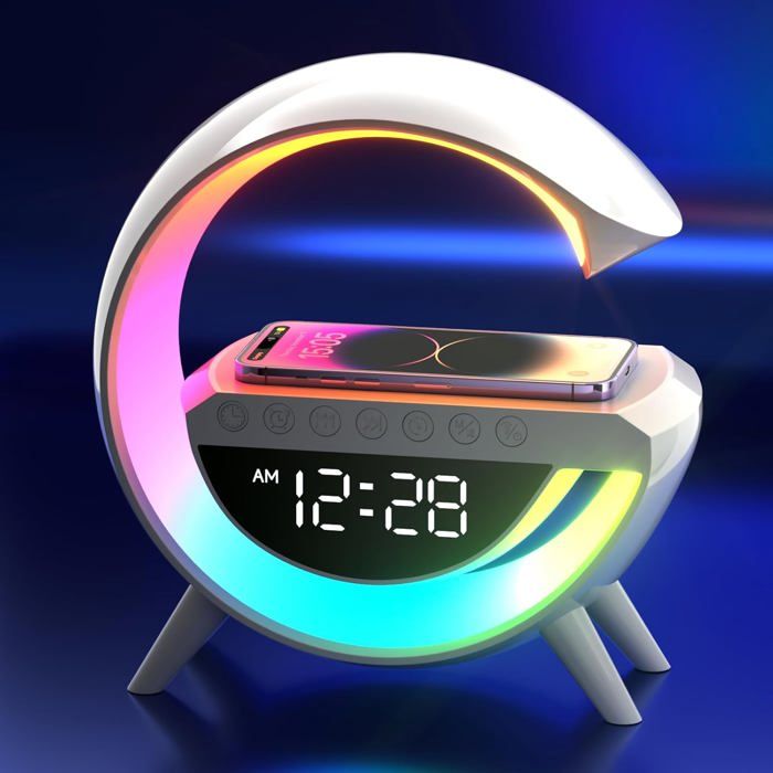 Chargeur sans fil avec réveil lampe de bureau intelligente à intensité variable haut-parleur Bluetooth 13 modes déclairage Chargeur sans fil avec réveil lampe de bureau intelligente à intensité variable haut-parleur Bluetooth 13 modes déclairage