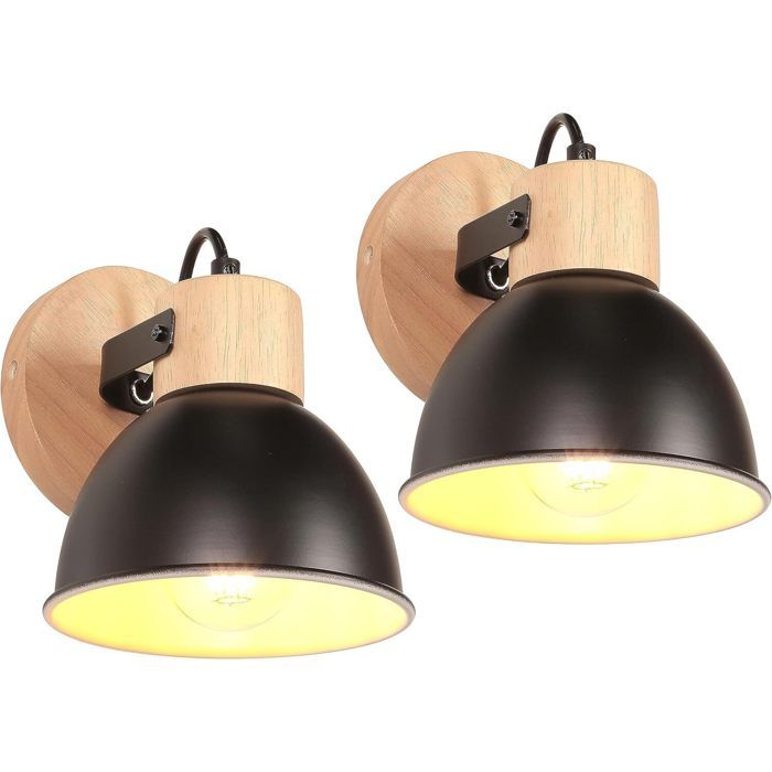 iDEGU 2pcs Applique Murale Industriel Spot LED 15cm Retro Lampe Murale Intétrieur en Bois Fer E27 Luminaire Réglable Noir Blanc