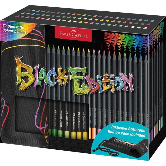 Faber-Castell 116418 Set 72 Crayons De Couleur Black Edition Avec Rouleau - Métalliques Et Néon