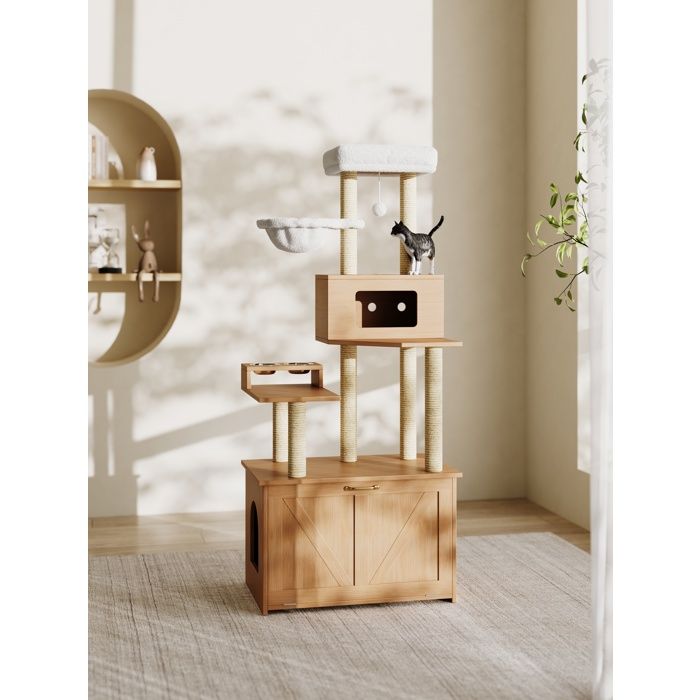 Comparer les prix de Arbre à chat - MODERNLUXE - 80x50x173 cm - Griffoir - Niche - 2 Gamelles - Bac à litière - Hamac - Naturel