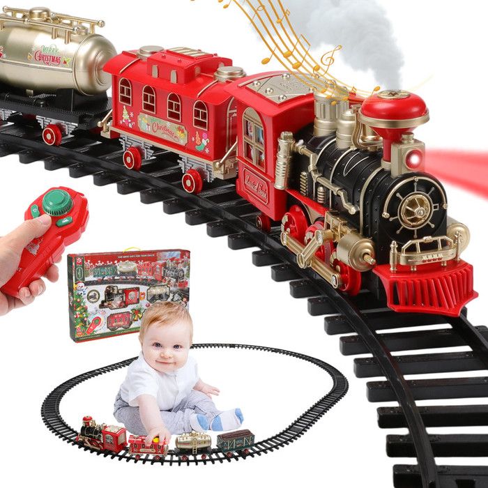Train Electrique Jouet Circuit de Noël Cadeau Enfant Décor Sapin de Noël Musical Lumineux Locomotive Wagon Piste Cadeau de Noël