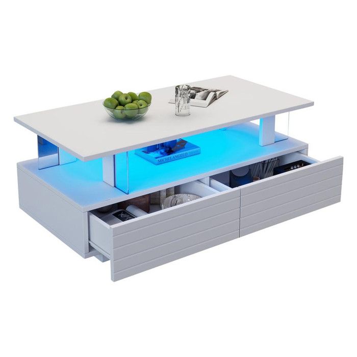 Table basse LED blanche - fonction de rangement table basse rectangulaire à double couche - Bluetooth application - pour salon