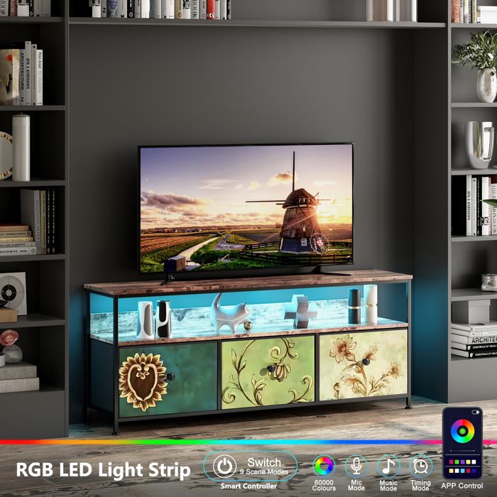 Meuble TV avec Lumières LED et 3 Tiroirs 137 x 30 x 57 cm Meuble Télé de Salon Chiffonnier Meuble de Rangement Multicolore