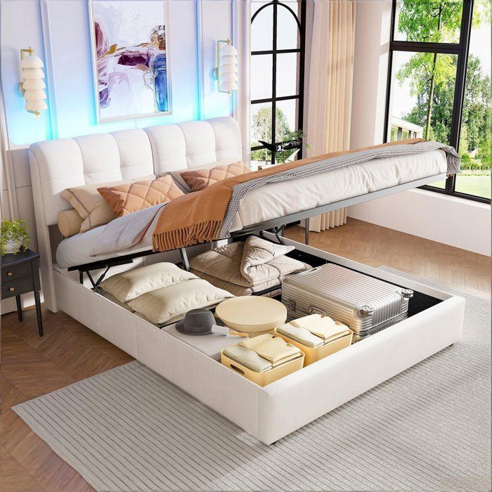 Chambre complete adulte sommier 160x200 lit deux place Lit coffre 160x200 lit led 160 x 200 Bande LED 7 couleurs Velours Beige