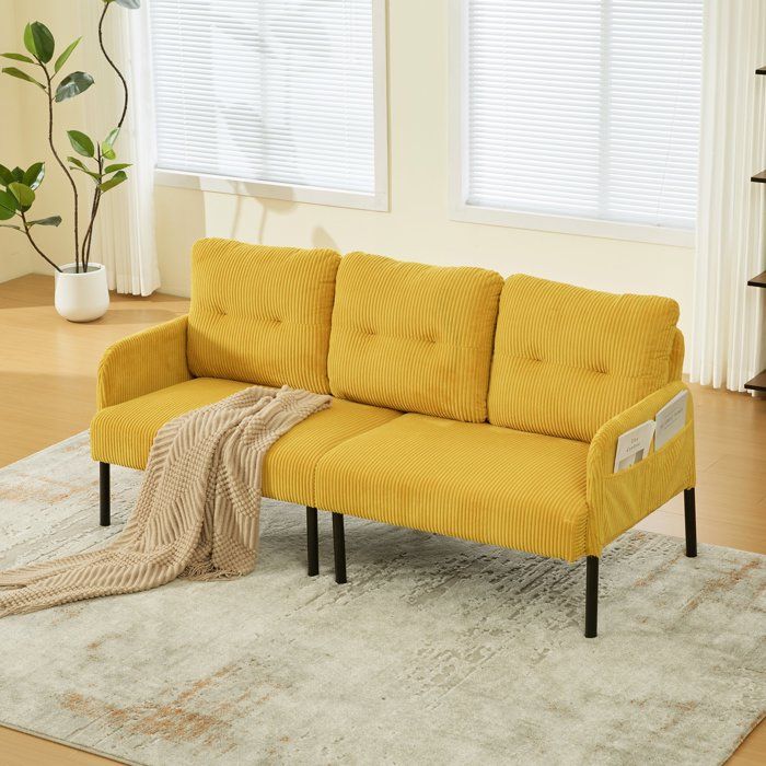 Canapé droit velours côtelé 3 places avec poches latérales - assise profonde - structure métallique solide Jaune