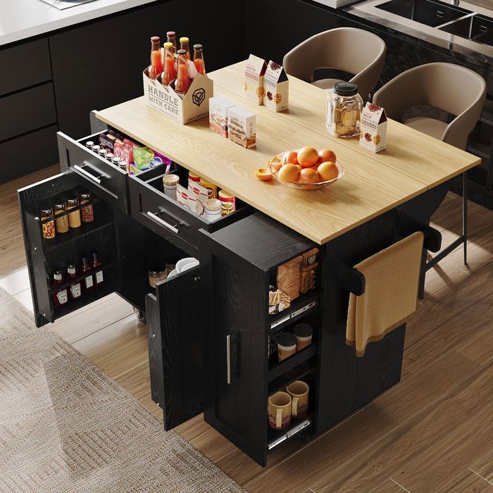 Îlot de Cuisine Mobile 110 x 46 x 90 5 cm avec Table Rabattable - MERAX - 2 Portes - 2 Tiroirs - Armoire Latérale Coulissante - Noir Îlot de Cuisine Mobile 110 x 46 x 90 5 cm avec Table Rabattable - MERAX - 2 Portes - 2 Tiroirs - Armoire Latérale Coulissante - Noir