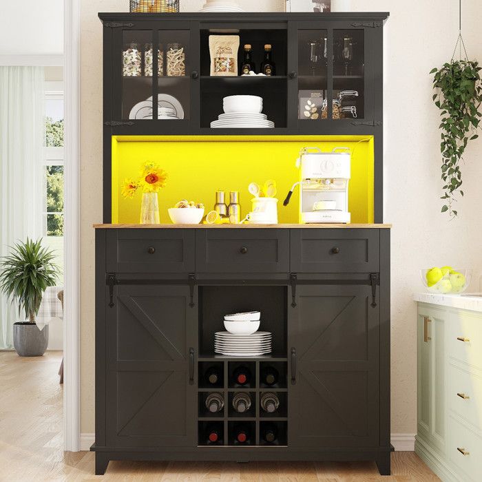 Armoire Haute Buffet de Cuisine Noir 105×38.4×180cm Vitrine avec Éclairage LED Couleurs Variables Étagères Réglables Design Moderne