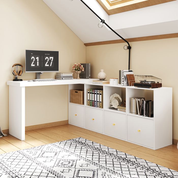 MERAX Bureau d’Angle Pivotant 360° avec Rangement Bureau Modulable Blanc avec 4 Tiroirs et 4 Étagères