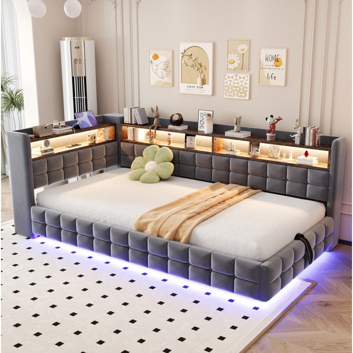 Lit enfant canapé rembourré gris 90 × 200 cm avec LED et rangement