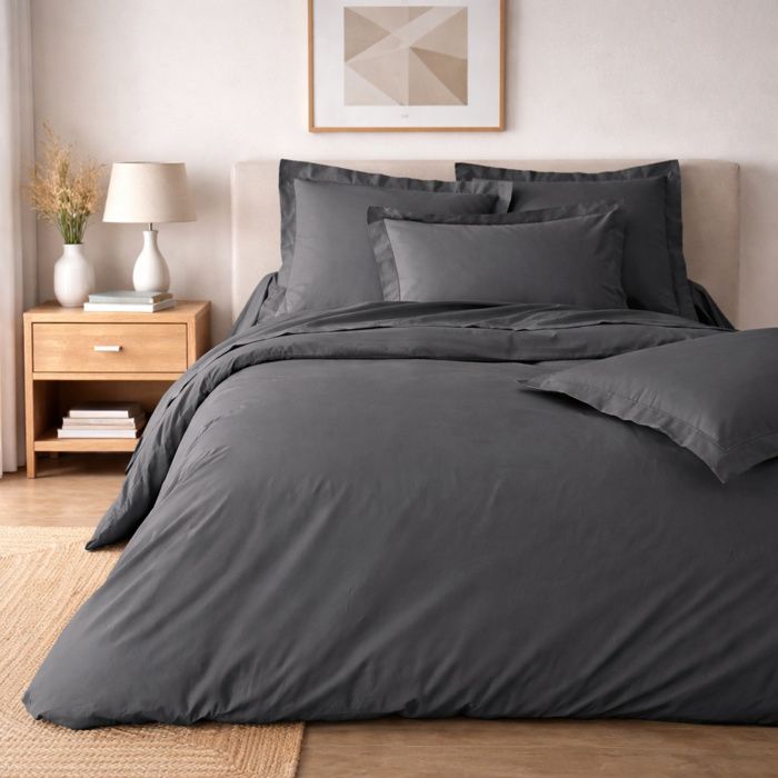 Parure de lit 240 x 220 cm – Percale de coton 78 fils – Acier – Qualité Hôtel – 2 taies 63x63 cm Parure de lit 240 x 220 cm – Percale de coton 78 fils – Acier – Qualité Hôtel – 2 taies 63x63 cm