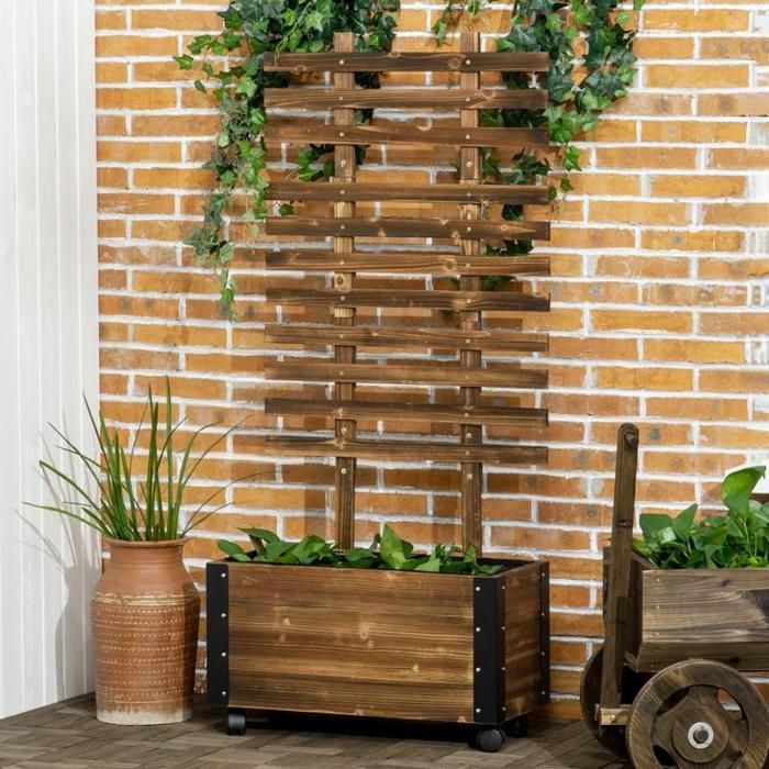 Jardinière surélevée avec treillis 4 roulettes bois massif traité 65 cm x 31 cm x 147 cm noir et marron