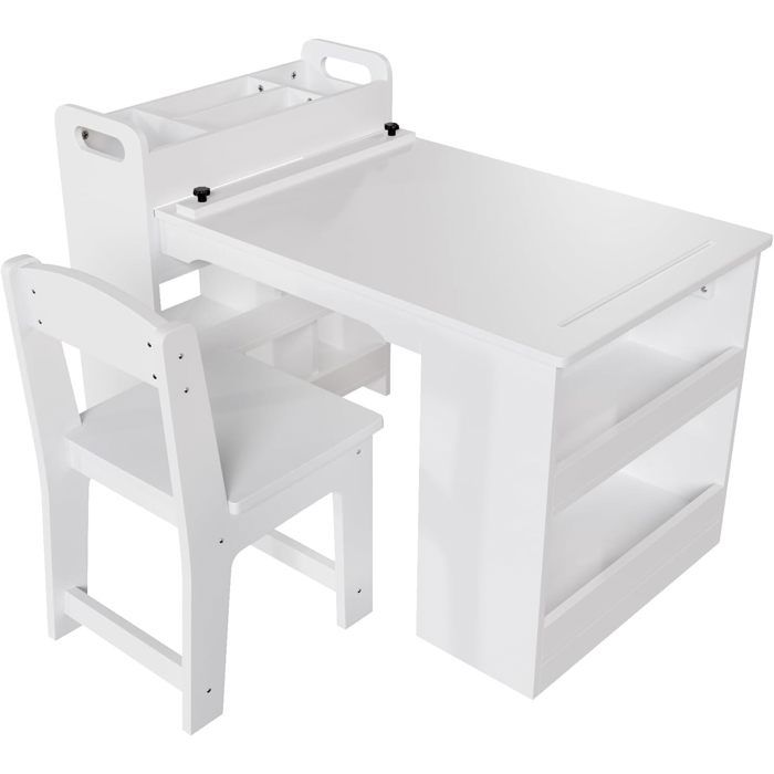 Table Et Chaises Enfant 2 en 1 avec Rangement – Bureau dActivités Multi-Usages en Bois pour Dessin Peinture Lecture-BLANC