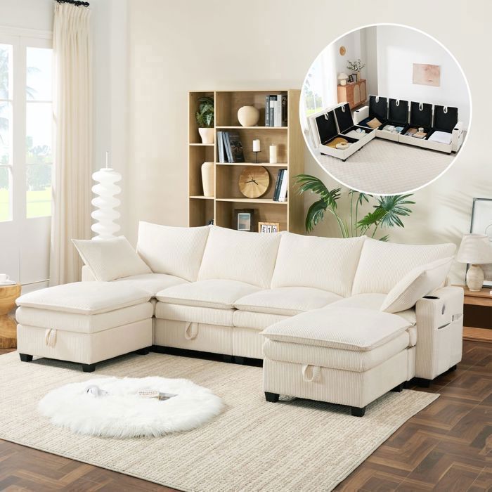 Canapé dangle modulable - SOGEU - 280x152cm 6 places - Velours côtelé beige - Coffres de rangement - USB & porte-gobelets