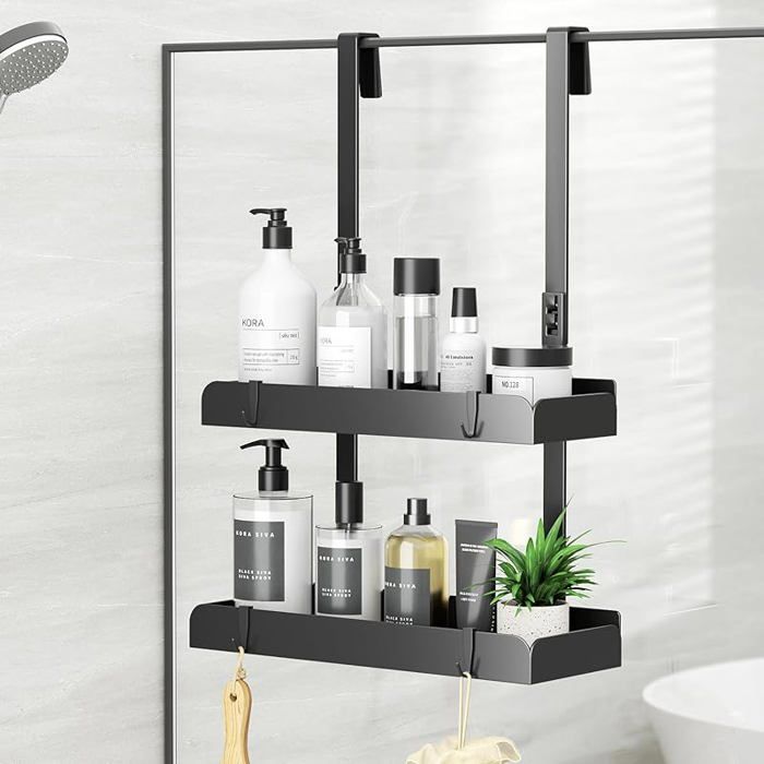 Étagère de douche à suspendre 2 étages Hauteur : 555 cm Sans perçage En acier inoxydable Avec crochets -