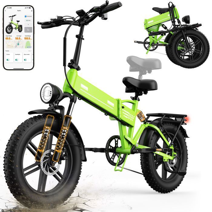 OOKTEK Vélo électrique 1000W 20-48V 15Ah-50km/h-Vélo pliable fat bike autonomie 50km-Vtt électrique adulte-150kg-E20 Vert