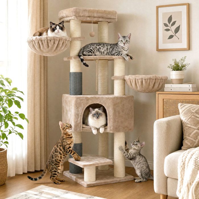 Arbre à Chat avec Couvertures Douces 2 Brosses pour Chat Grandes Plateformes Marron
