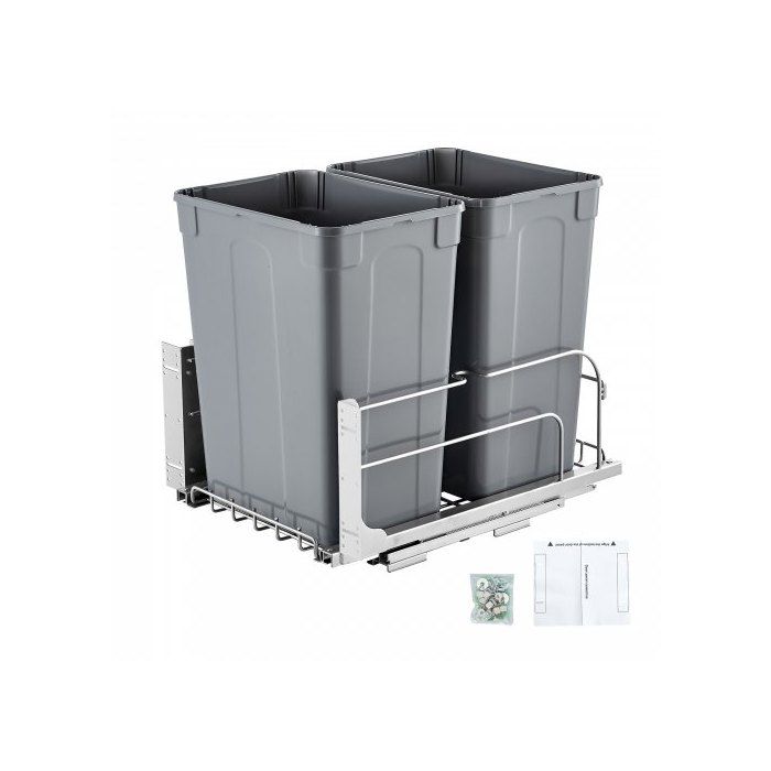 Poubelle coulissante sous évier 2 x 32 8 L tri sélectif avec rail métal à fermeture douce pour meuble bas de cuisine gris