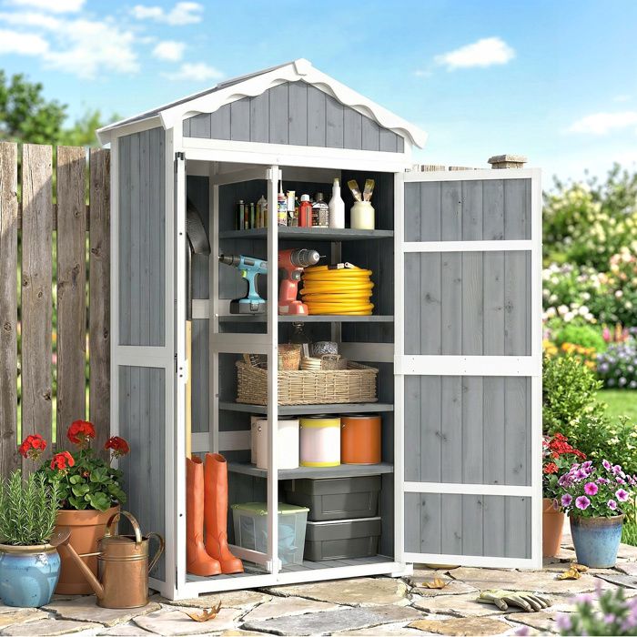 Armoire de jardin en bois 105 x 55 x 179 cm gris abri à outils avec 4 étagères et toit en métal galvanisé
