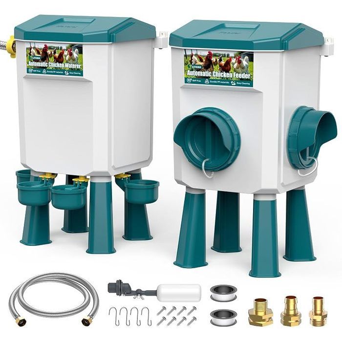 Mangeoire Poules Anti Nuisible Abreuvoir Poules Automatique 7 litres avec Pieds Flotteur Filtré Tuyau en Acier Inoxydable 15 m