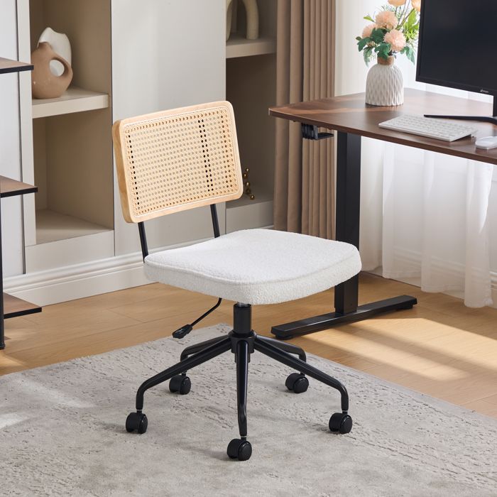 Chaise de bureau vintage - Rotin et chenille - Siège pivotant réglable - Dimensions 55x58.5x91.5 cm - Poids 7.5 kg