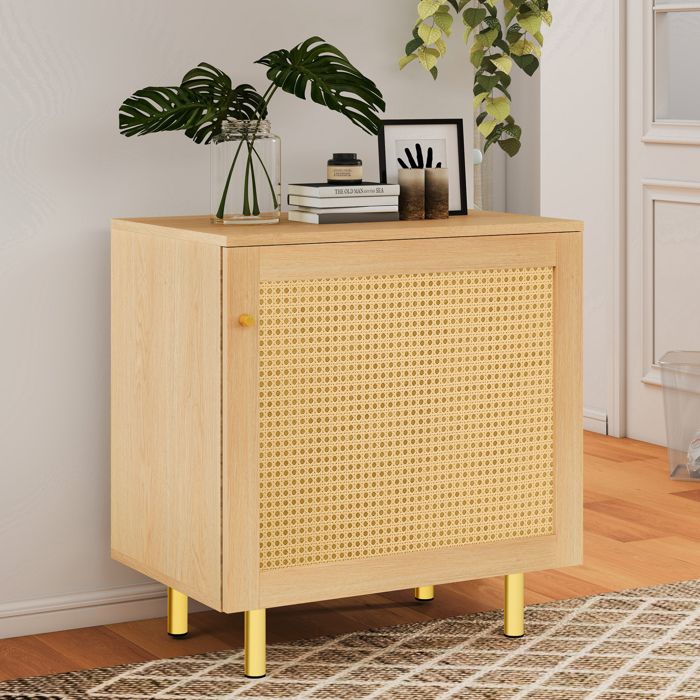 Meuble de rangement buffet bas 1 porte cannage style rotin aspect bois naturel 60 x 40 x 63 cm ORVRYN