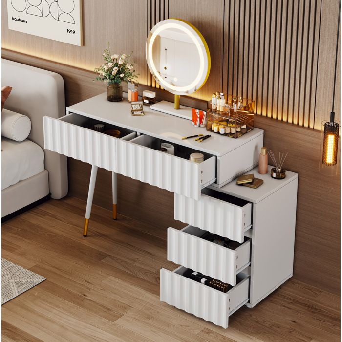 Coiffeuse Blanche Miroir LED 5 Tiroirs Table De Maquillage Moderne FloraGrace Pour Chambre Eclairage 3 Couleurs 100x40x127cm