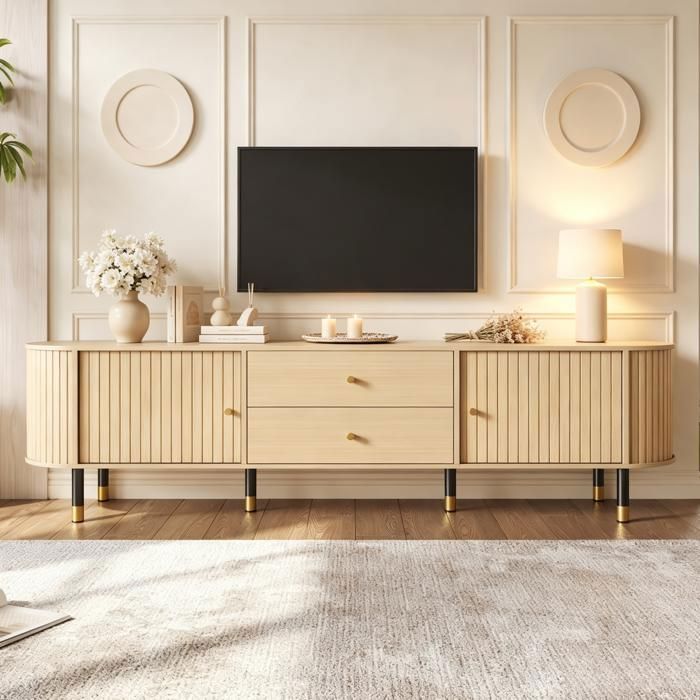 Meuble TV bas - Memkey - 180 x 40 x 58 cm - Effet bois naturel - 2 portes coulissantes 2 tiroirs passe-câbles
