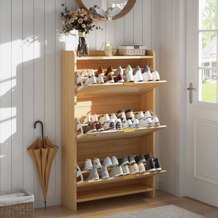 Armoire à chaussures bois portes rotin tiroirs basculants étagères réglables étroite entrée couloir chambre