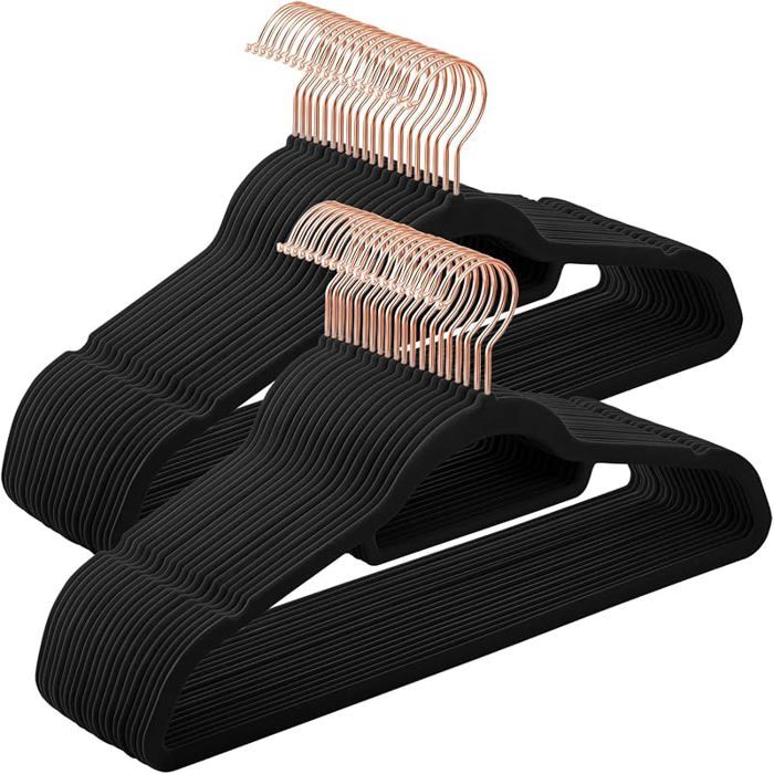 Cintres en Velours Lot de 50 antidérapants avec Crochets Rose Gold pivotants épaisseur 50pièces 43.5cm Rose Gold + Noir