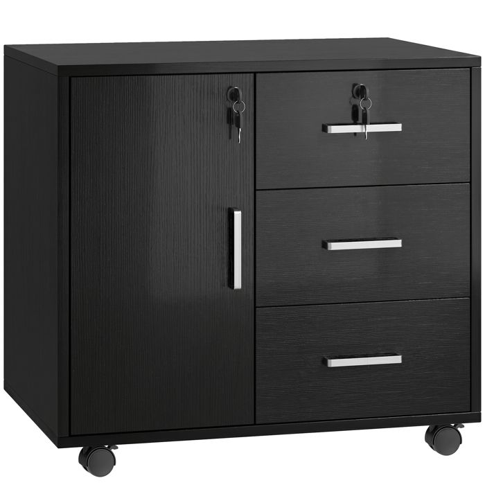 LIA Caisson bureau meuble de rangement verrouillable avec 3 tiroirs et étagère réglable roulettes 40 x 60 x 56 cm noir