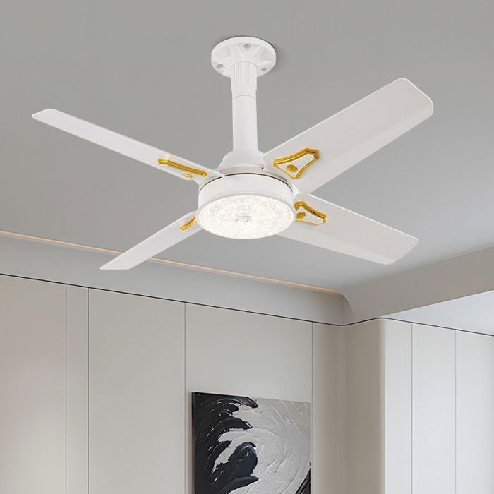 Ventilateur de Plafond LED 48W Blanc E27 3 Vitesses Télécommande Lumière Couleurs 4 Pales Plafonnier Silencieux